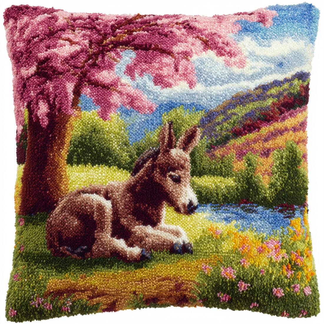 Kitquiver Animal Latch Hook Pillow Kit Donkeys and Scenery DIY Latch Hook Kits Pillow Needlepoint Cushion Kit for Home Décor Needlework Set for Adult Beginners 17x17In