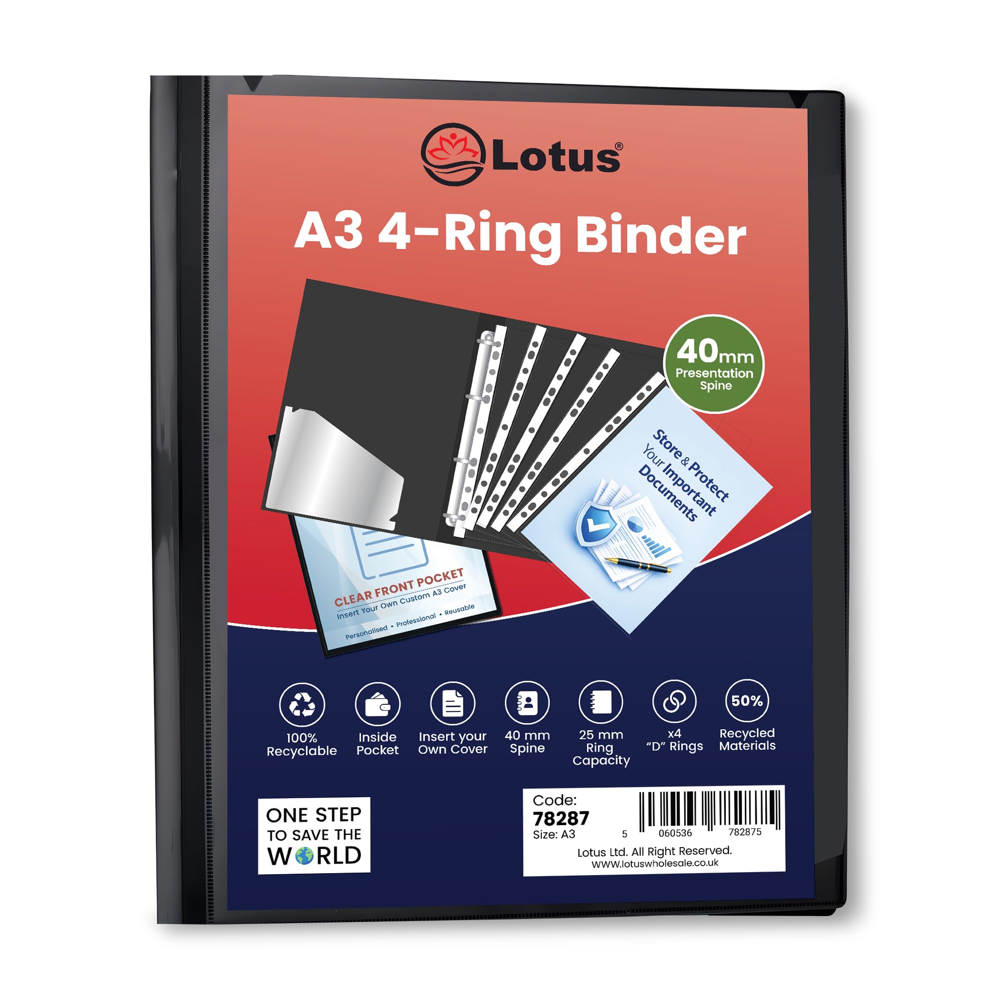 A3 95% Recycled 4-D Portrait Ring Binder File Folder, Artwork Portfolio (Lotus)