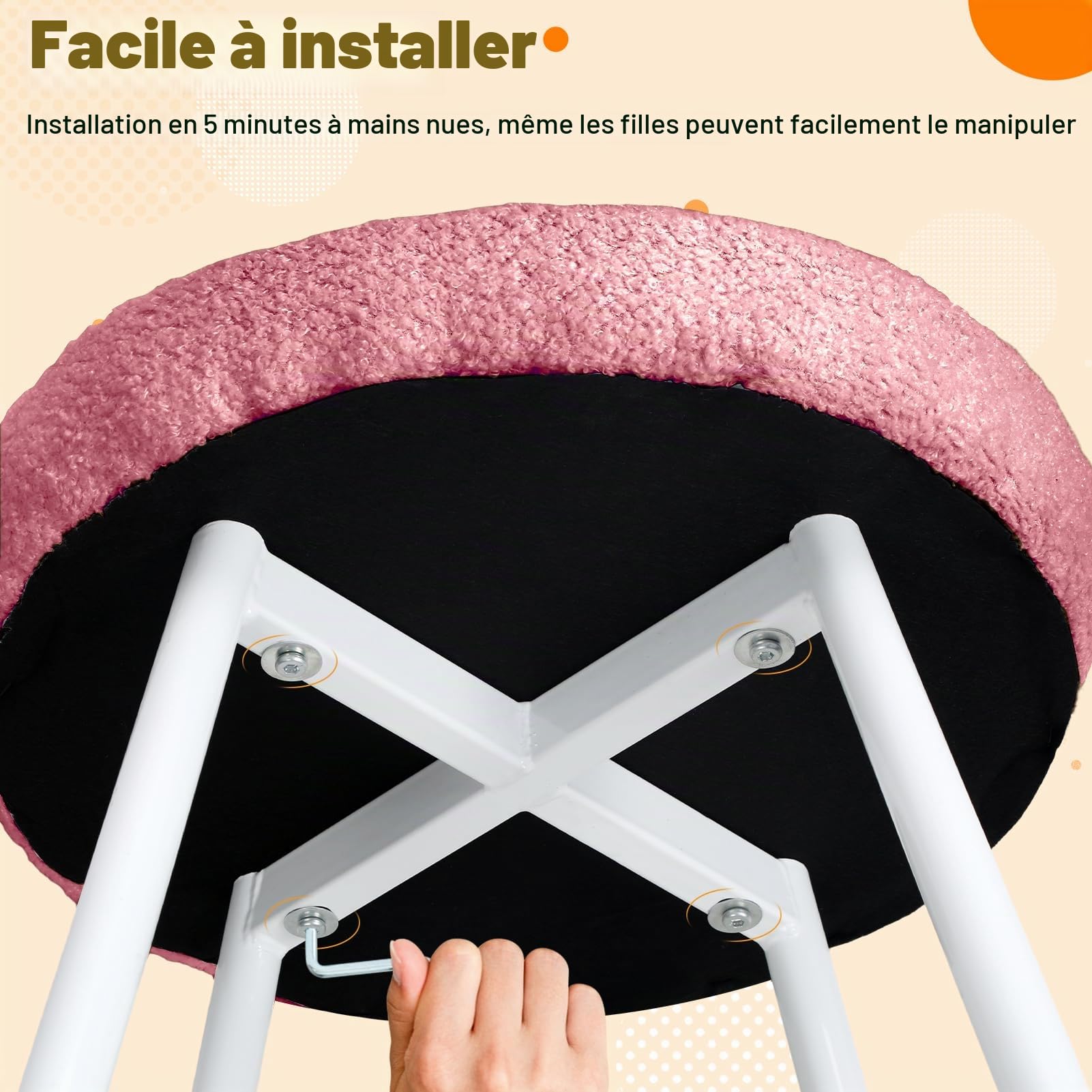 Tabouret de coiffeuse avec dossier en nœud - Chaise de bureau avec dossier pour femmes et filles - Chaise de maquillage - Pieds réglables - Siège de coiffeuse sans accoudoirs