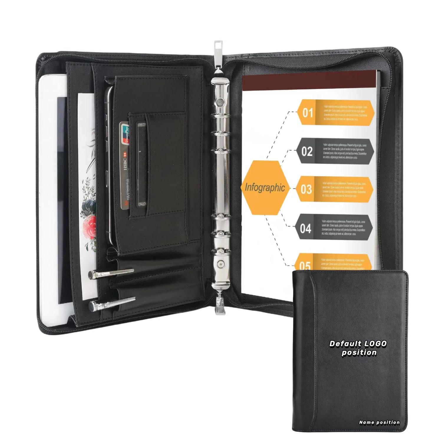 KISSKI Free LOGO Custom, Personalisierte A5 Ledermappe für Männer, 6 Ringbuch Padfolio für 5x8 Klemmbrett, Graviertes Konferenzmappe für Links/Rechtshänder, Monogramm Geschenke, Customized, Schwarz