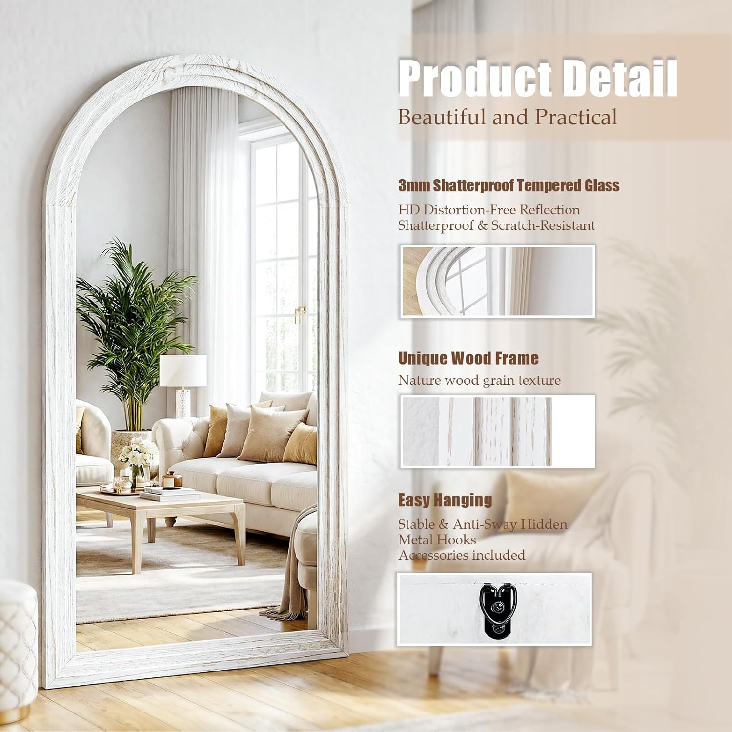 30"x71" Full Length Mirror Solid Wood Frame, Arched Floor Mirror Full Length with Stand, Room Decor Big Full Body Mirror with HD Tempered Glass for Bedroom, Living Room, White