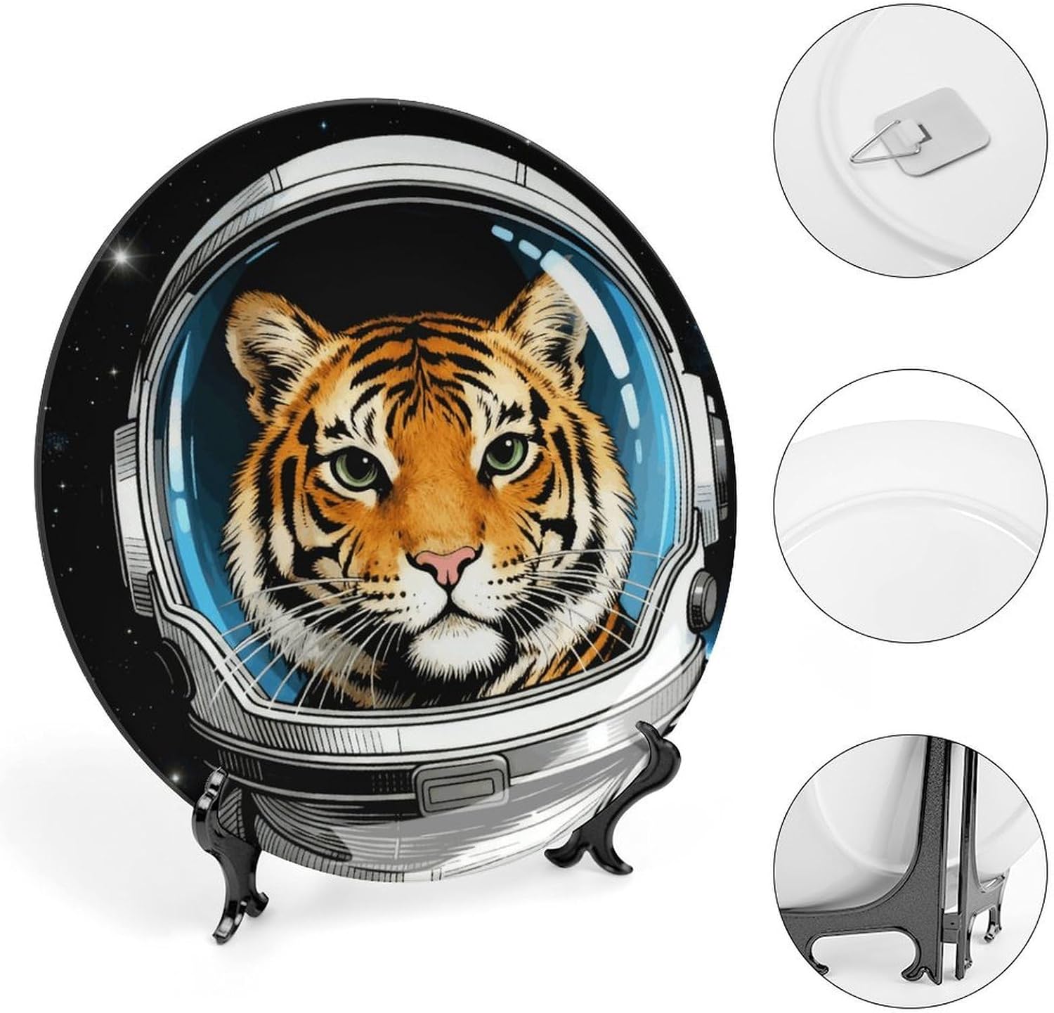 Space Astronaut Tiger Ceramic Decorative Plate 10inch Bone China Wall Hanging Ornament Plates Bohemian Style Dinner Plate with Stand Cabinet Display Plates for Home Art Decor