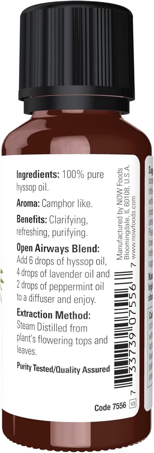 NOW Essential Oils, Hyssop Oil, Purifying Aromatherapy Scent, Steam Distilled, 100% Pure, Vegan, Child Resistant Cap, 1-Ounce