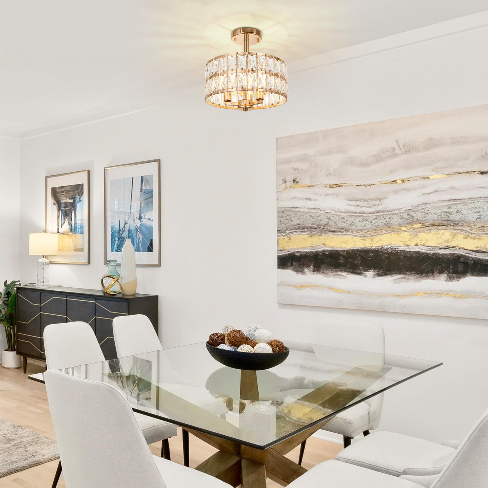 LynPon Lampadario a Soffitto Oro con Cristalli, 3 Luci E14 Lampada da Soffitto Moderna Semi-Incasso, Plafoniera Elegante in Cristallo per Soggiorno, Camera da Letto, Cucina, Corridoio, Sala da Pranzo