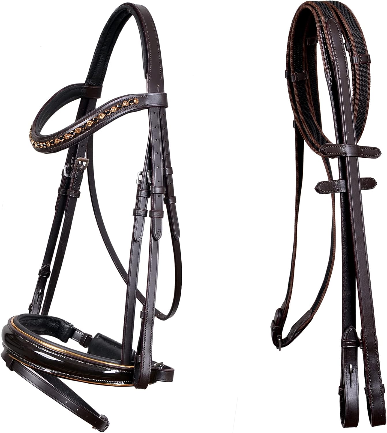 CHALLENGER Horse English All-Purpose Trail Pleasure Padded Leather Crystal Browband Bridle with Buckle Reins 803HI22BR-F