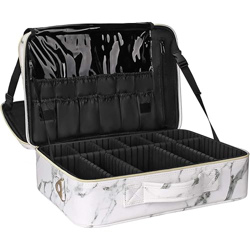 Relavel Makeup Bag Travel Makeup Train Case 13.8 inches Large Cosmetic Case Professional Portable Makeup Brush Holder Organizer and Storage with Adjustable Dividers (large marble white)