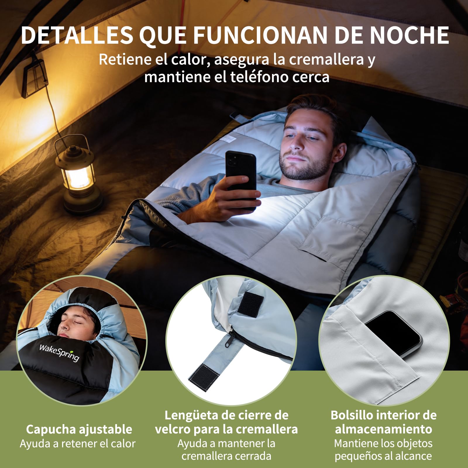 Saco de Dormir Momia, Relleno 450 gsm de Fibra Hueca, Cubierta Repelente al Agua y Cortaviento, Saco de Dormir 3 Estaciones con Capucha Ajustable, para Camping y Clima Frío