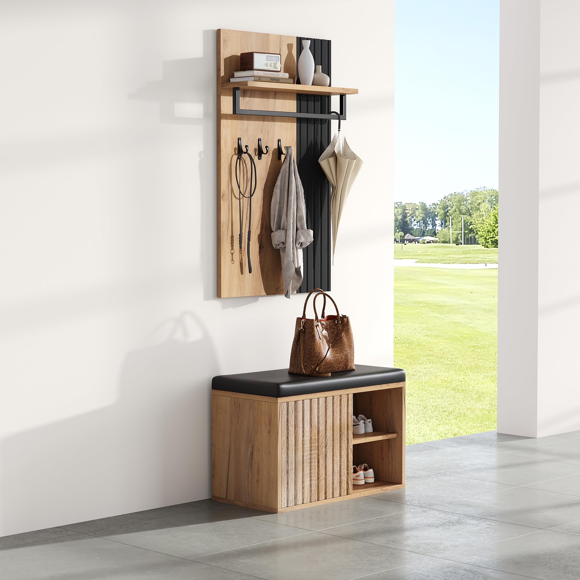 Merax Garderobenset mit Schuhbank, Schuhschrank mit 2 Türen, Flurmöbel mit Rückwand mit 3 Haken, Schwarz & Naturfarben, 70x36x146 cm