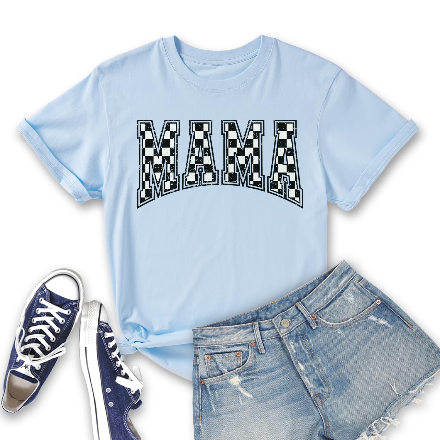 Dllesifvn Checkered Mama T-Shirt Women Retro Varsity Mom Shirt Mother's Day Short Sleeves Mama Print Tee Top for Wife Grandma