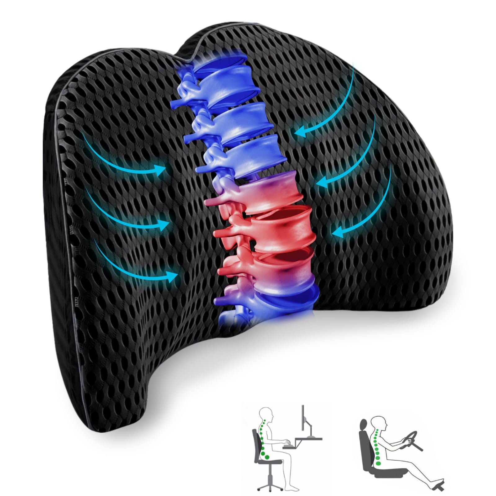 Aipwerer Cojin Lumbar Silla Oficina, Cojín Lumbar Coche para Silla Oficina, Sofa, Correas Ajustables Respaldo de Espuma Viscoelástica Los Mejores Regalos para Quienes Sentados (Negro)