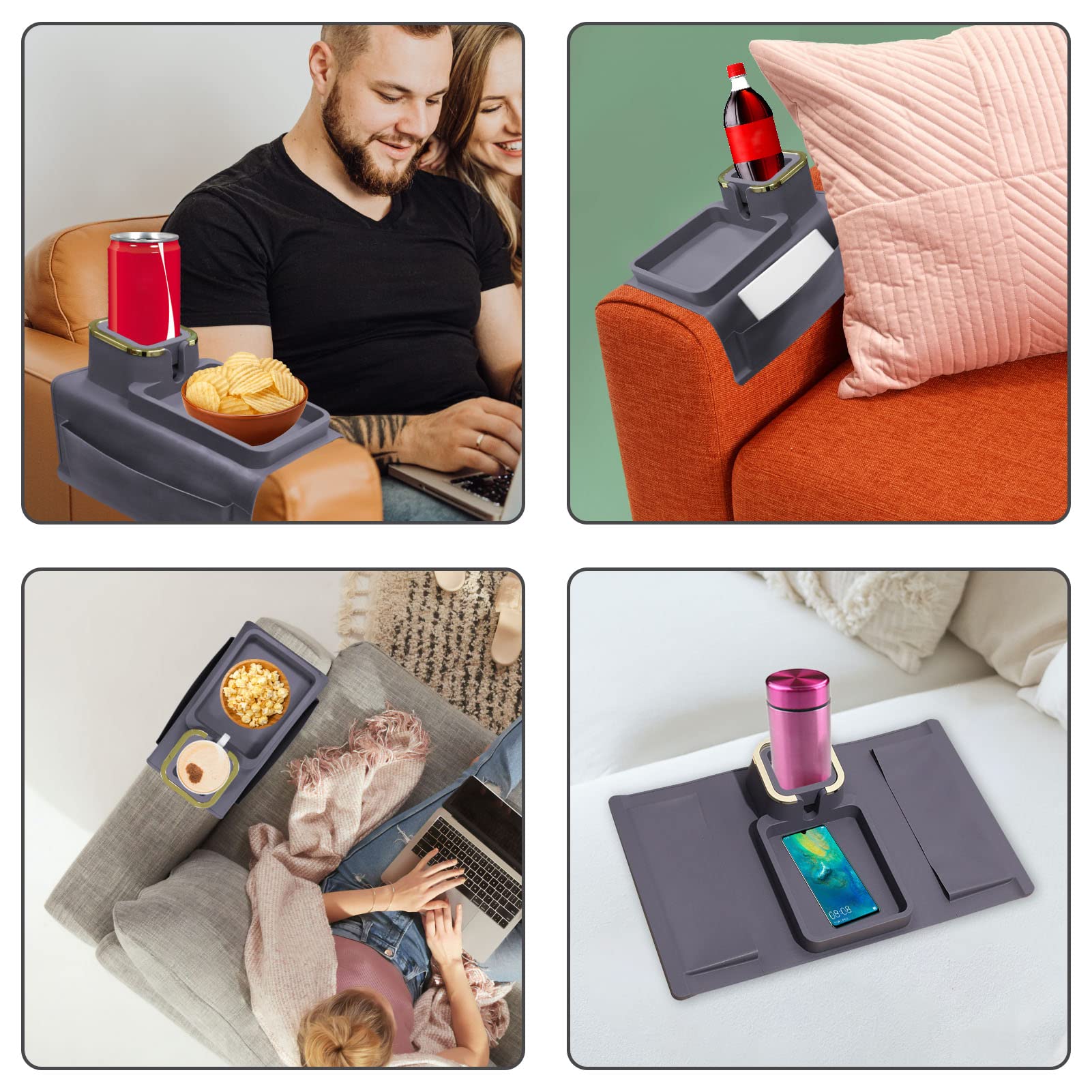 IULONEE Organizer Per Bracciolo Divano Vassoio Per Divano Antiscivolo Divano Borsa Portaoggetti Pieghevole Vassoio Da Bracciolo con Portabicchieri per Divano Braccio Sedia Reclinabile (Grigio)