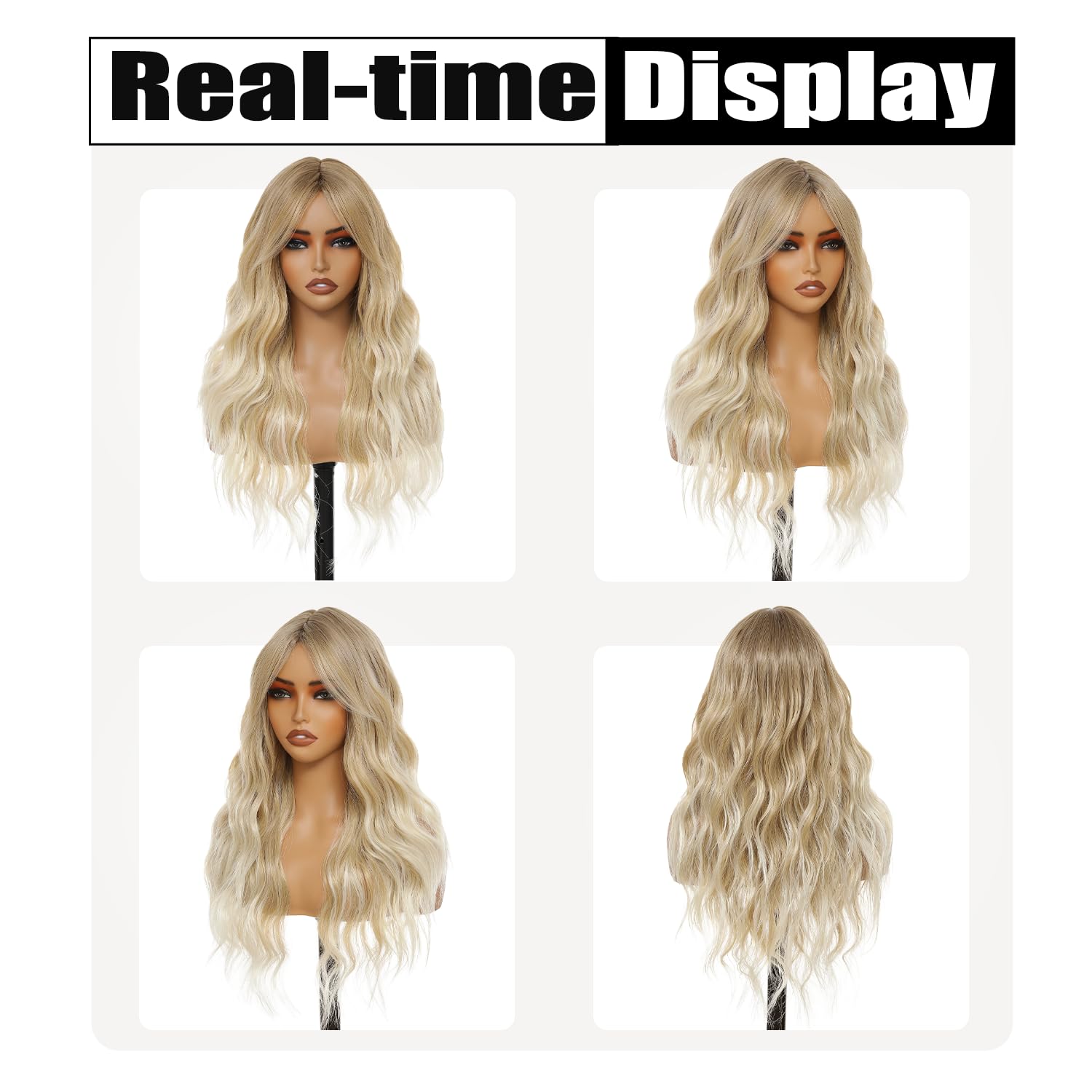 Long Ombre Ash Blonde Wavy Wig with Curtain Bangs for Women 26 Inch Heat Resistant Synthetic Wig Natural Looking Ombre Blonde Wavy Hair for Daily Wear, Party, Cosplay, Halloween - Image 4