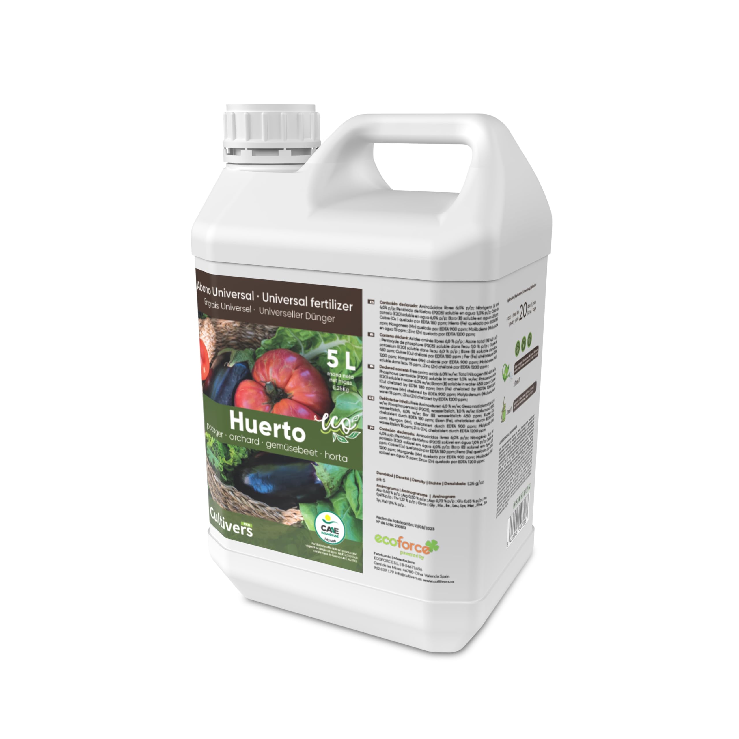 CULTIVERS Fertilizante Huerto Líquido Ecológico 5 L Abono para Hortalizas 100% Orgánico y Natural. Mejor Sabor, Mayor Calidad, Potencia el Crecimiento y Aumenta la Cosecha