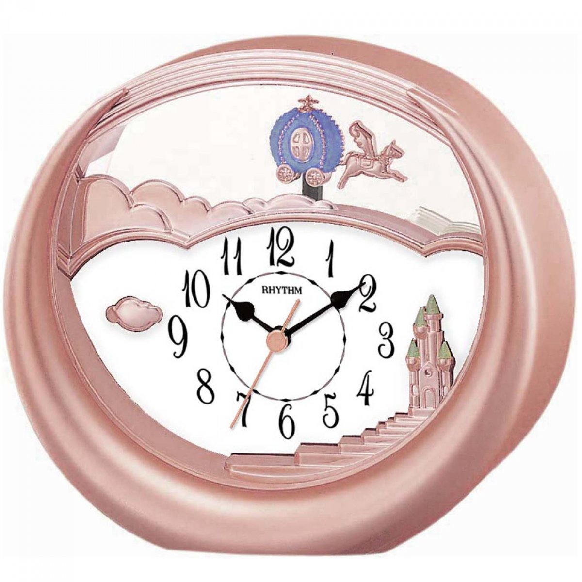 Rhythm Rose Gold Enchanted Dreams Mantel Clock With Pumpkin Carriage Pendulum And Unicorn