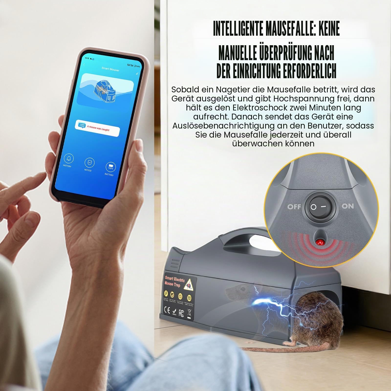 Rattenfalle Elektrisch, Elektrische Mausefalle mit 6000V Hochspannung, Smart-Fernwarnung und Überwachung, Wiederverwendbar, Wirksam für Ratten & Mäuse, Kompatibel mit IOS & Android