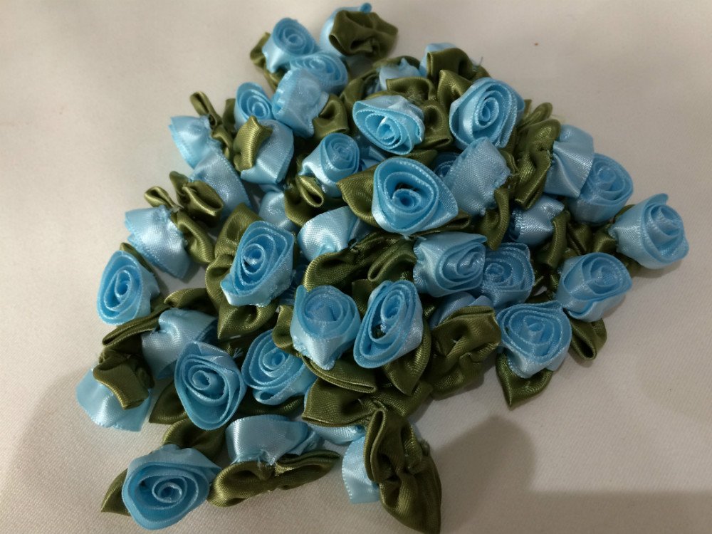 Sky Large Satin Ribbon Roses Buds Embellishments - 20 per pkt