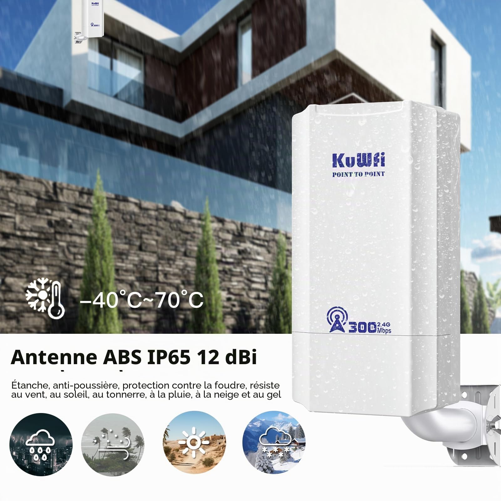 Point d'accès externe, pont sans fil KuWFi 2,4 GHz 300 Mbps, antenne Wi-Fi externe 8 dBi CPE avec écran LED pour la configuration WDS PT/PTMP, Wi-Fi point à point longue portée 1 km pour routeur/camér