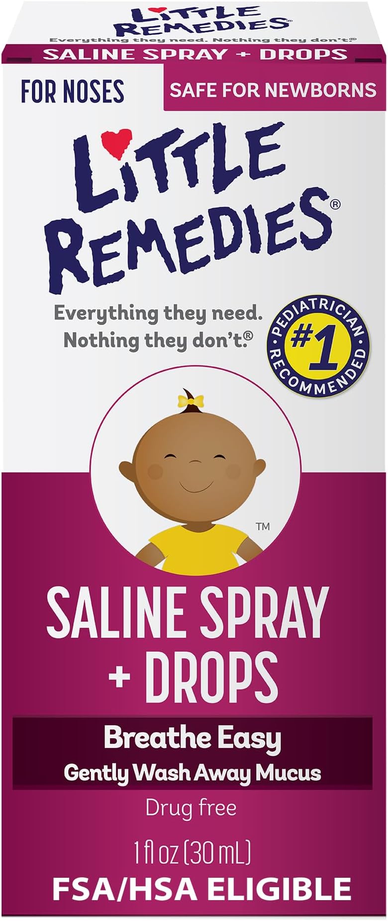 Little Remedies Sterile Baby Saline Nasal Spray and Drops, Safe for Newborns to Relieve Stuffy and Dry Noses, 1 Fl Oz