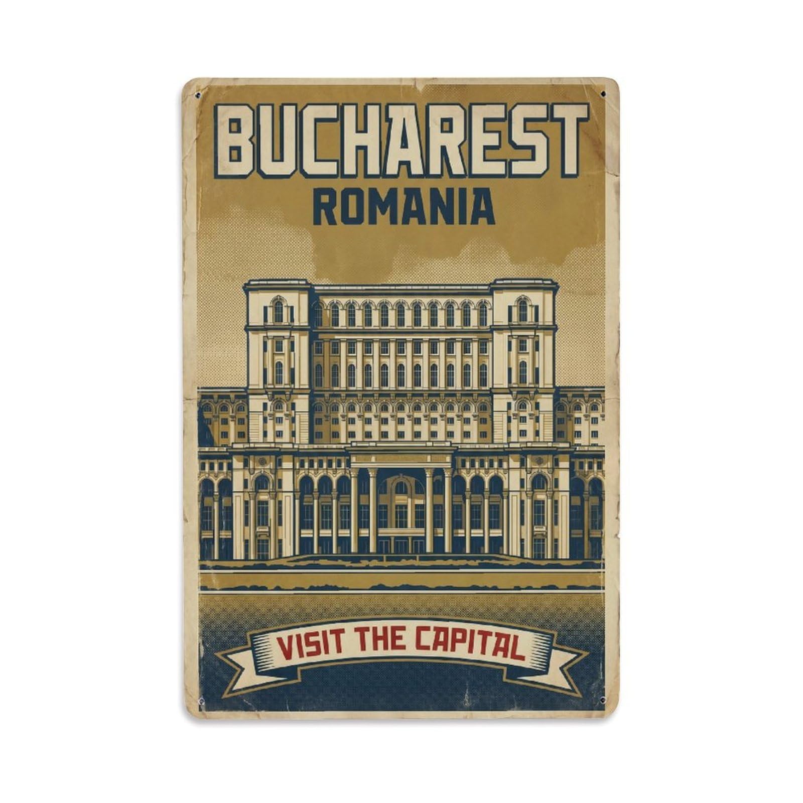 Vintage Travel Romania Bucharest Metal Tin Sign Plaque Wall Decor for Cafe, Club Bar, Office, Garden Metal Poster 8x12Inch