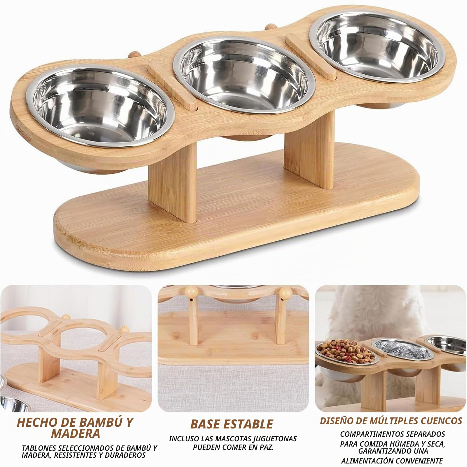 Comedero Gato Elevado Inclinación de 15°Cat Bowl Comederos Altos para Gatos con 3 Cuencos de Acero Inoxidable para Gatos y Perros Pequeños