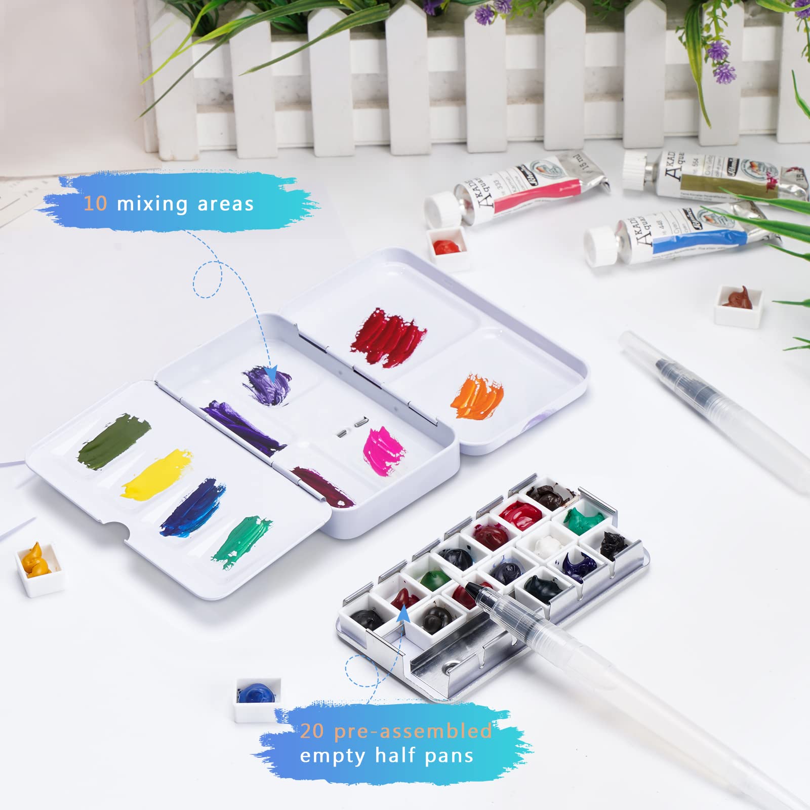 Palette d'aquarelle vide avec palette dépliante, petite palette d'aquarelle violette avec 50 demi-godets vides pour bricolage, voyage, peinture acrylique et peinture à l'huile