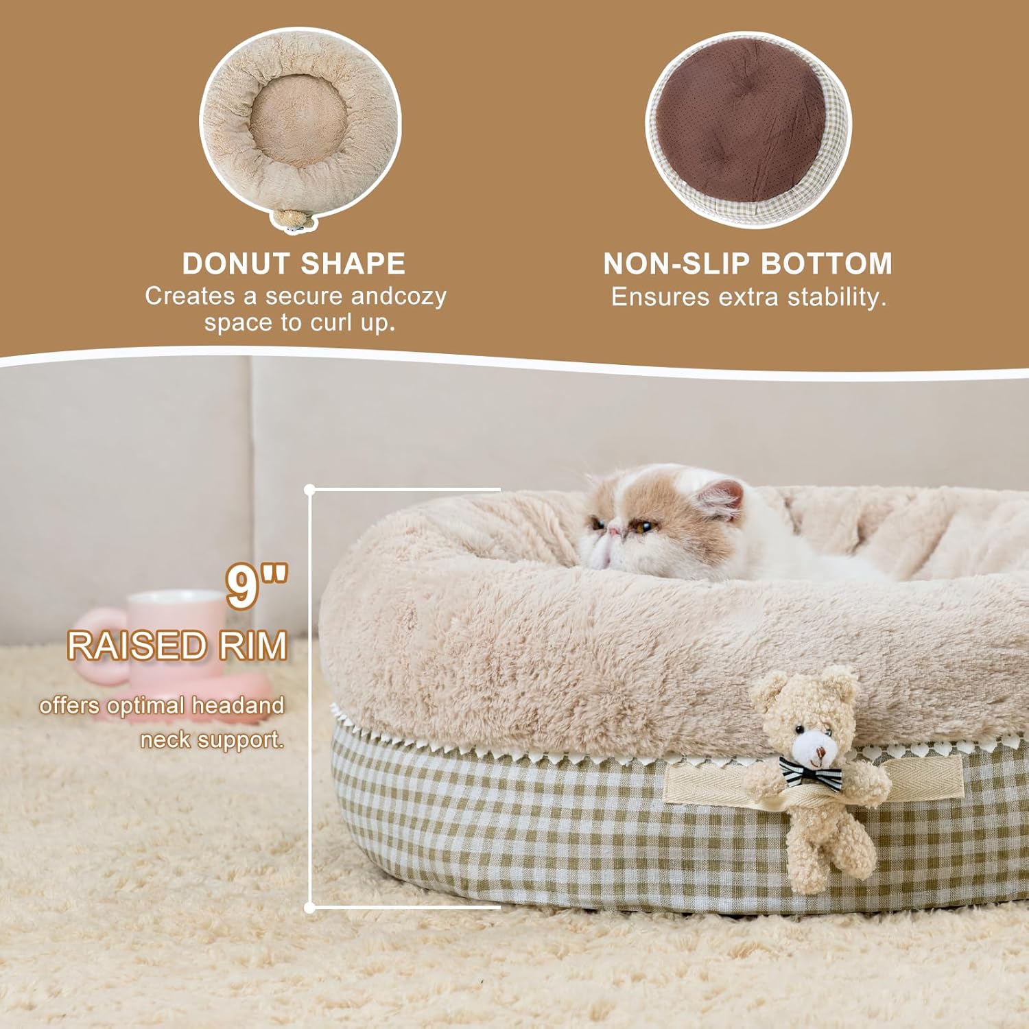 review Jiupety Teddy Donut Bed for Indoor Cats, Washable & Warm Small Dog Bed, Cute Fluffy Round Kitten Bed, Suitable for Cat and Puppy, Anti-Slip Calming Princess Kitty Bed, Camel, 26