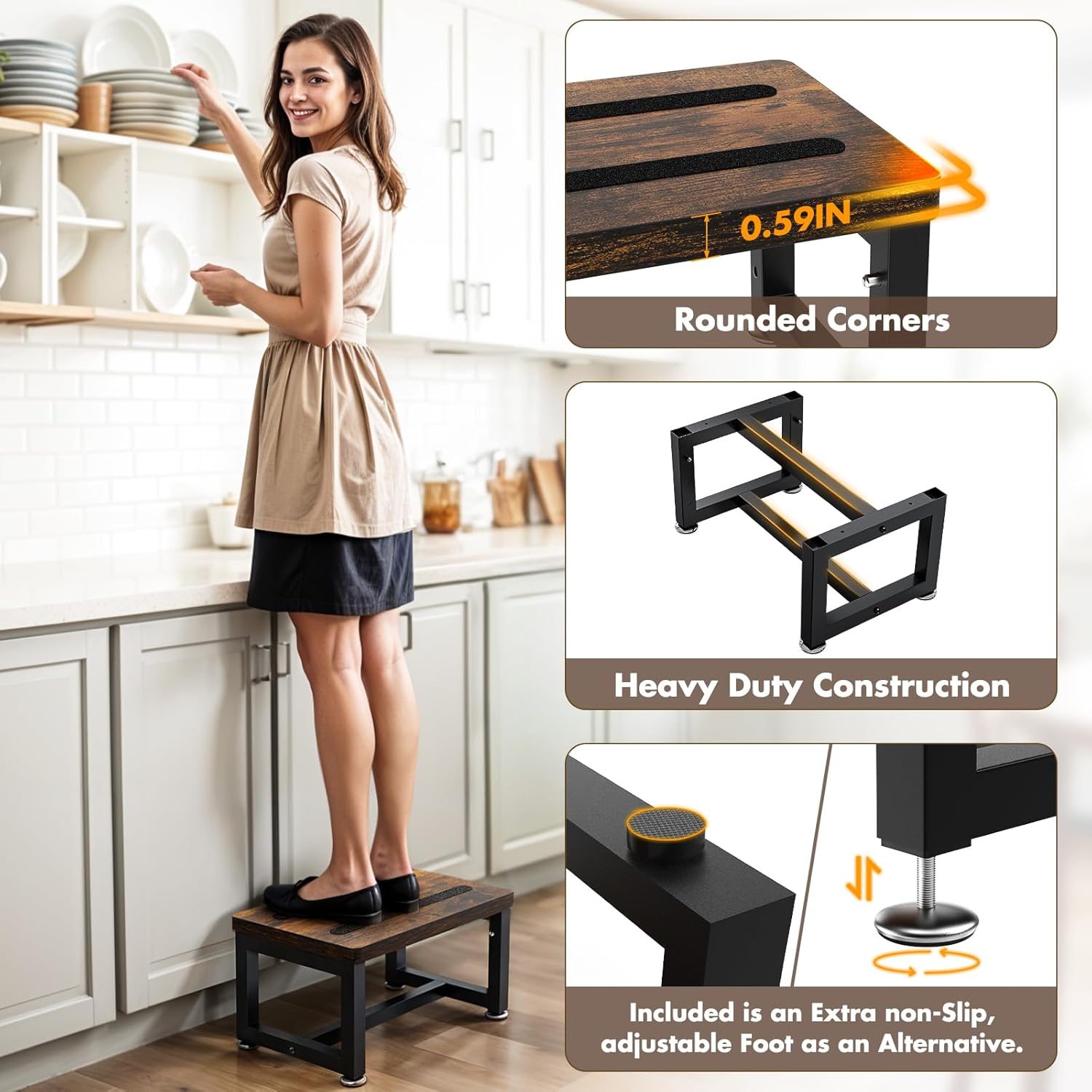 Step Stool, NomNest Height-Adjustable Wooden Step Ladder Metal Foot Stool Small Kitchen Stool Helper for Toddler Adults, Ladder Chair for Home Bedside Bathroom Sink Potty-Black