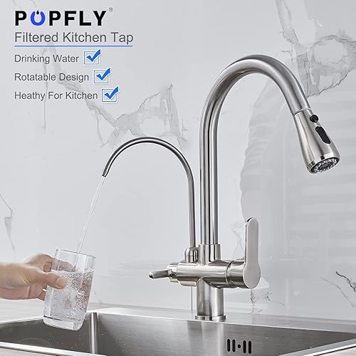 Miniatura 9 de POPFLY Grifo de cocina con grifo de agua potable, grifo purificador de filtro de agua 3 en 1, rociador extraíble de 3 funciones, material de latón,