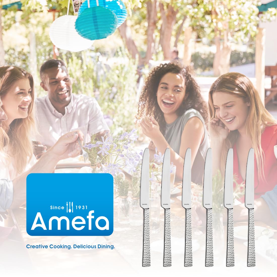 Amefa FELICITY Dessertmesser Set 6-tlg. für 6 Personen, Gehämmertes Dessertmesser klein, Buttermesser klein im Hammerschlag-Design, 18/0 Edelstahl Vorspeisenmesser, Spülmaschinenfest