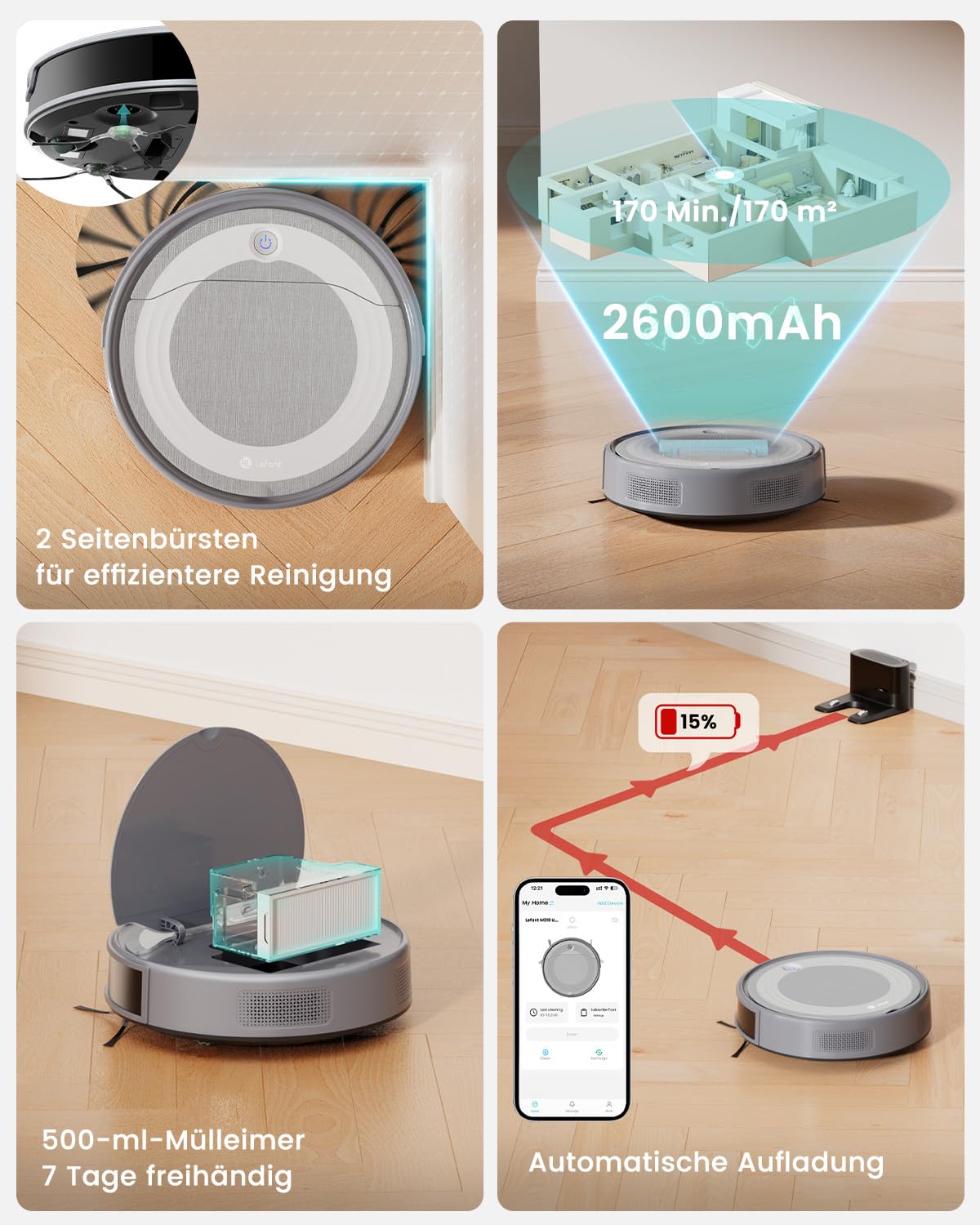 Lefant Saugroboter mit Wischfunktion, ToF-Lasernavigation, 6000Pa Staubsauger Roboter 7.9 cm Ultra Flach, Teppicherkennung, ideal für Tierhaare und Hartböden, App-/Alexa-Steuerung, M310 Ultra Grau
