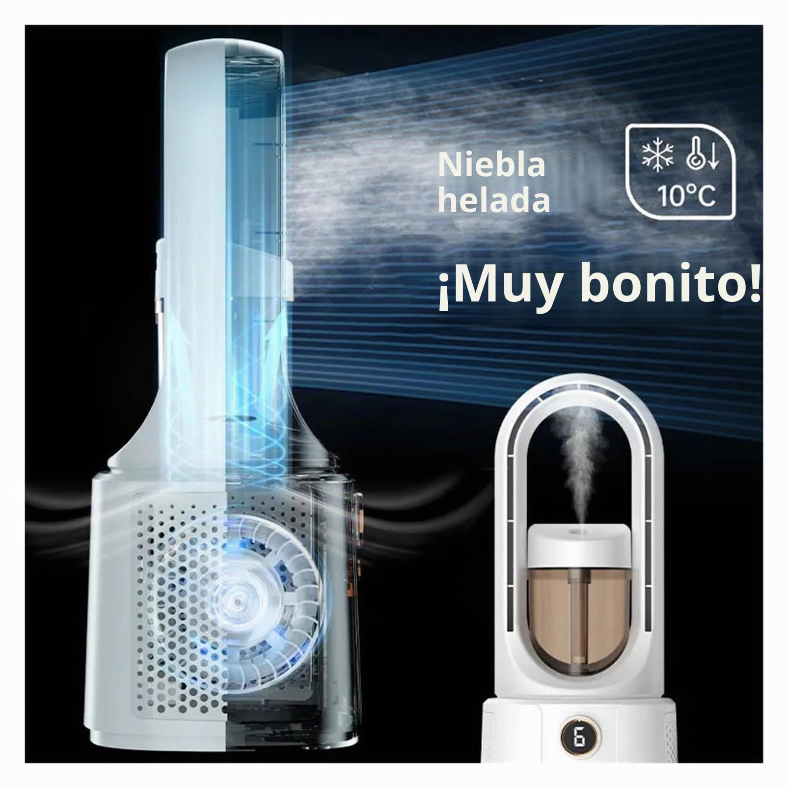 Ventilador de refrigeración con humidificador y luz nocturna, aire acondicionado silencioso portátil, 6 velocidades ajustables para oficina y dormitorio, escritorio y mesita de noche