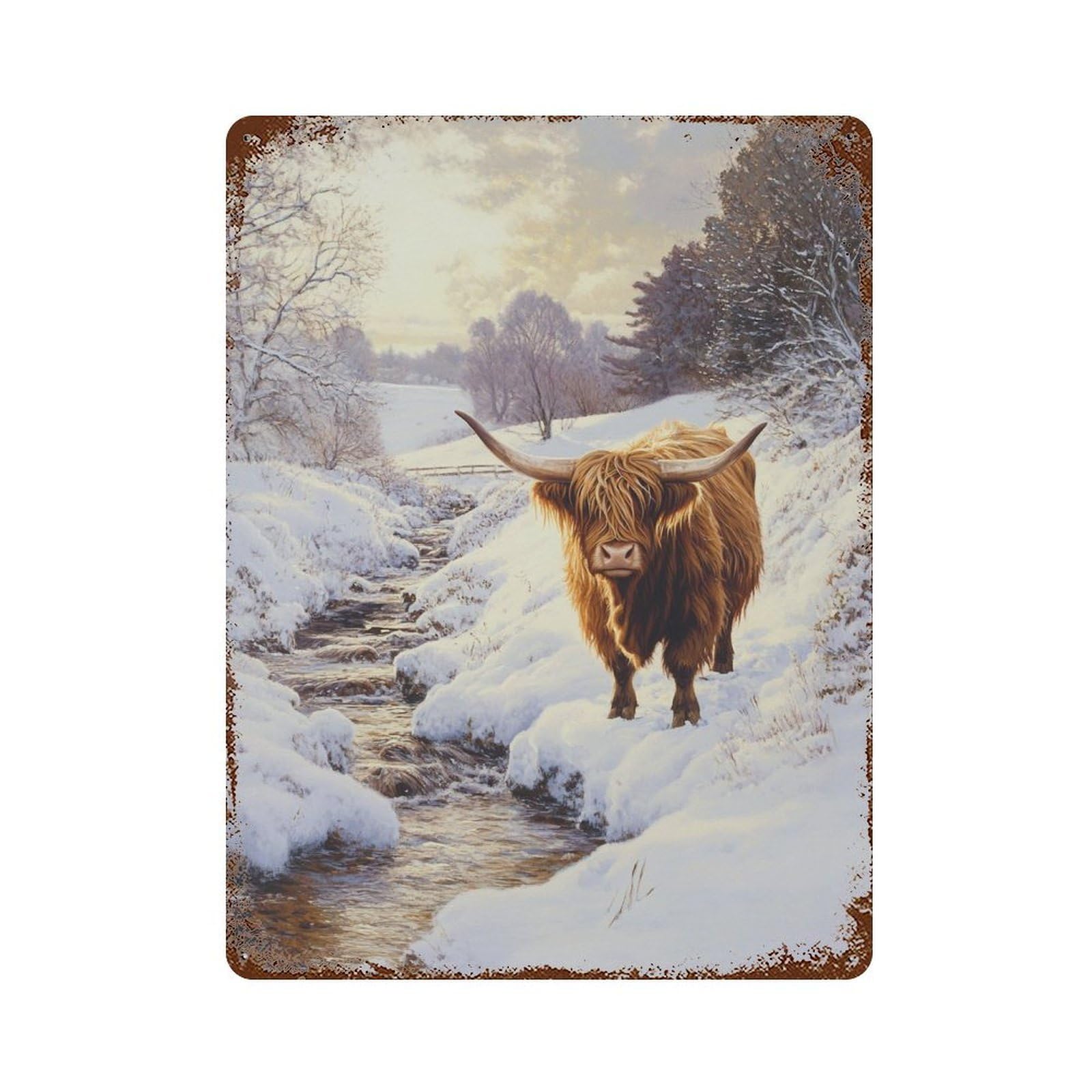 Rustic Tin Plaque Winter Highland Cow Scene-1 15.7"x11.8", Retro Wall Decor for Shed, Workshop And Garage Wall Decor