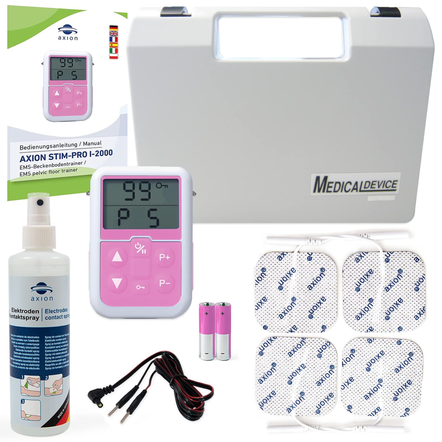 EMS Allenatore Pavimento Pelvico 4x Elettrodi 5x5 cm & Spray | Allenamento EMS Pavimento Pelvico per Incontinenza: Urinaria e Fecale, Recupero Postpartum, Tonificazione del Pavimento Pelvico