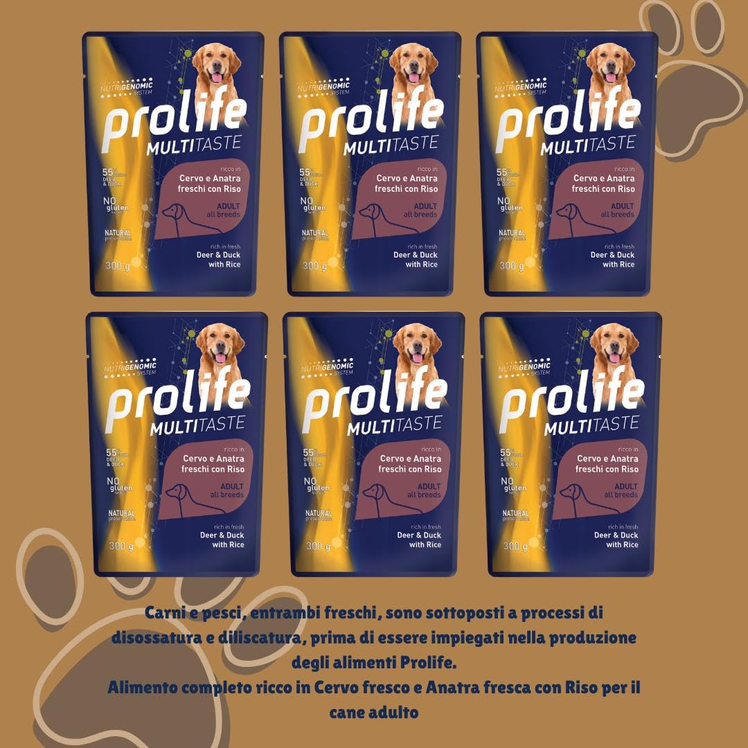 Prolife Umido Cane Multitaste 300gr, alimento completo di qualità per cani adulti di tutte le taglie, gusto CERVO, ANATRA e RISO | 6 bustine da 300 grammi l’una.