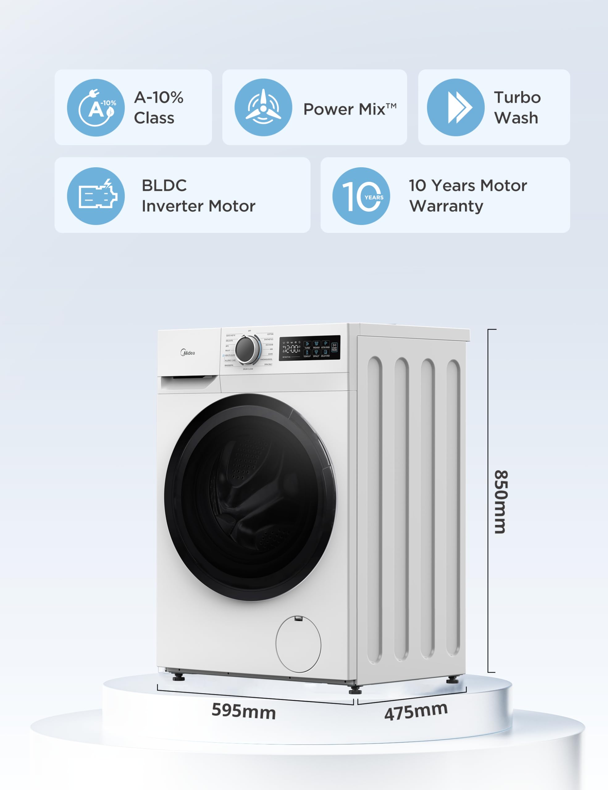 Midea Freestanding 8 KG Front Load Washing Machine Slim,A-10% Class,Steam Wash,Turbo Quick Wash,Durable Inverter BLDC,1400 RPM,White-MF110W80BA10/W-UK — view 2
