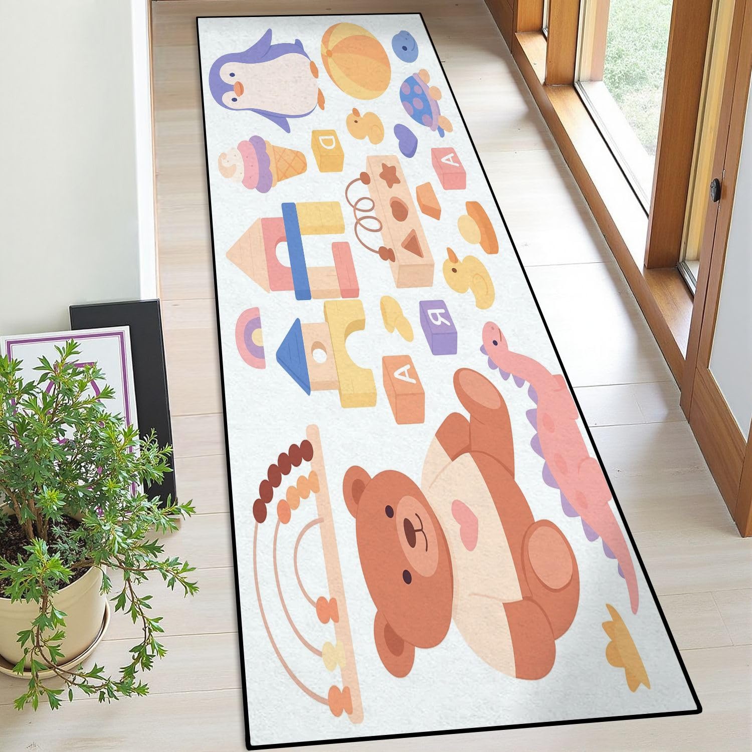 Runner Rug Washable 2x6 Kids Toys Seamless Childish Design for Fabric Print Nursery Elements Non-Slip Hallway Area Rug Indoor Outdoor Home Decor for Entryway Bathroom Kitchen Carpet Yoga Floor Mat