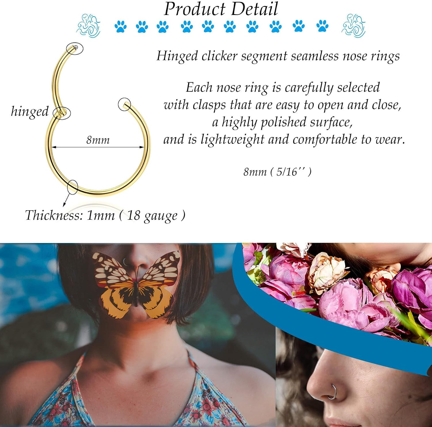 Lantine 5 Pcs Nose Rings Hoops for Women Set 316L Surgical Steel Septum Rings Rook Daith Tragus Piercing Jewelry Hinged Cartilage Gold Hoop Earrings