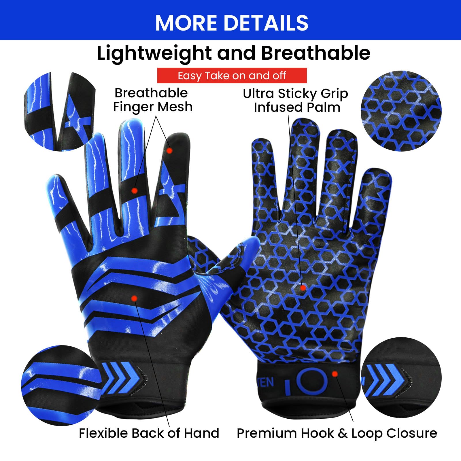 FINGER TEN Football Receiver Gloves Youth Receiving Gloves Pro 3.0 Durable Breathable Flexible for Kids Boys Girls in White Red Black Blue Small Large Medium X-Large (B-Blue, Medium)