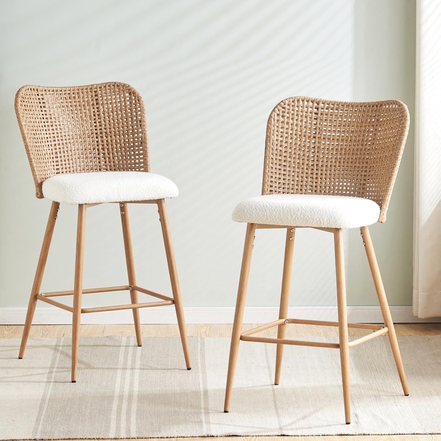 Amazon.com: JALOURT Rattan Counter Height Bar Stools, 26''Modern Boucle Counter Stools with PE ...