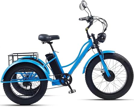 24 Inch Electric Tricycle Power-Assisted Pedal Fat Tire for Adults 200 kg Load Capacitay with Cargo Basket Elderly Exercise Headlight for City & Mountain Road Blue