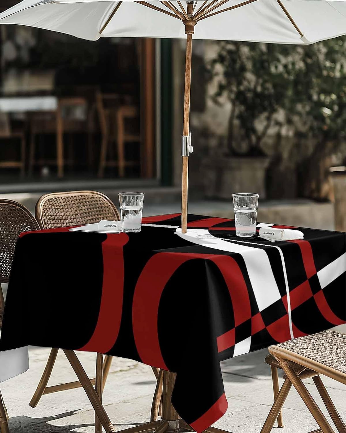 Outdoor Tablecloth with Umbrella Hole & Zipper, Red Black Geometric Square Tablecloth 54x54 Inch, Modern White Round Geometric Abstract Patio Table Cover Waterproof Table Cloth for Picnic