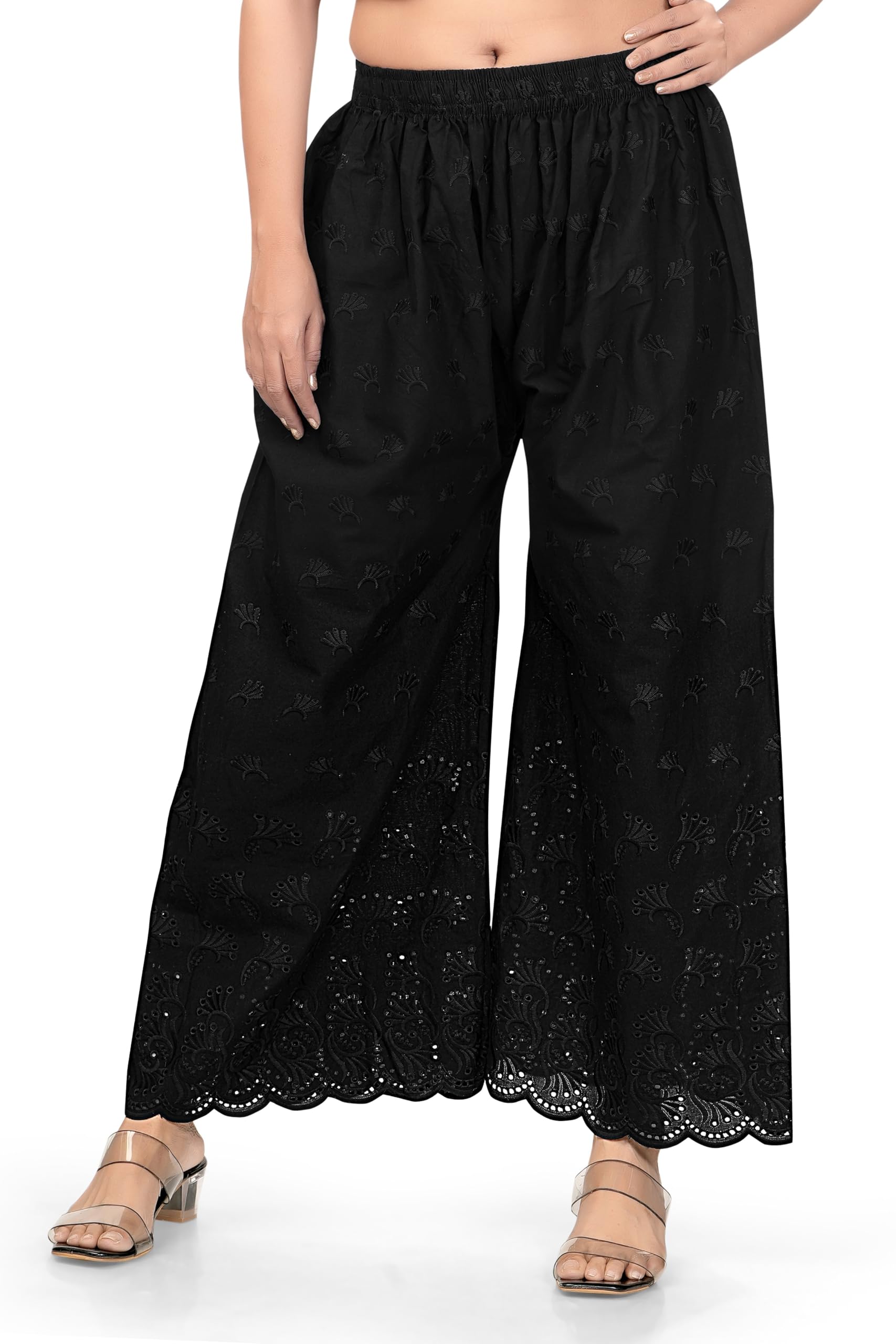 Cotton Palazzo Pants with Floral Eyelet Embroidery, Elastic Waist, Scalloped Hem, Available in Black, White and Off White-image-44