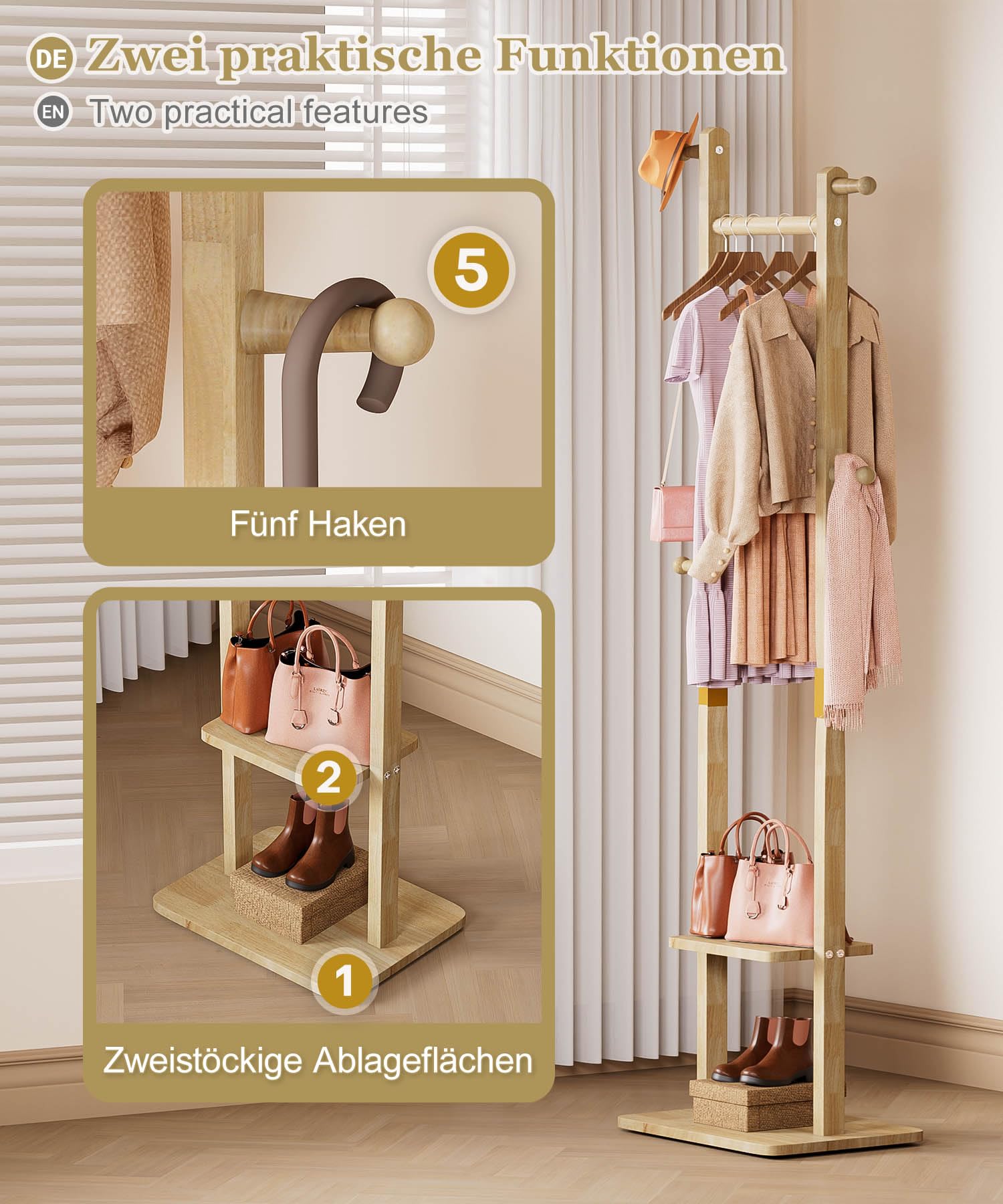 YORBAY Perchero de madera de pie: Burro Ropa con 2 estantes, 5 ganchos y 1 barra, ideal para guardar ropa, sombreros, chaquetas y bolsos, ideal para sala de estar Recibidor Dormitorio