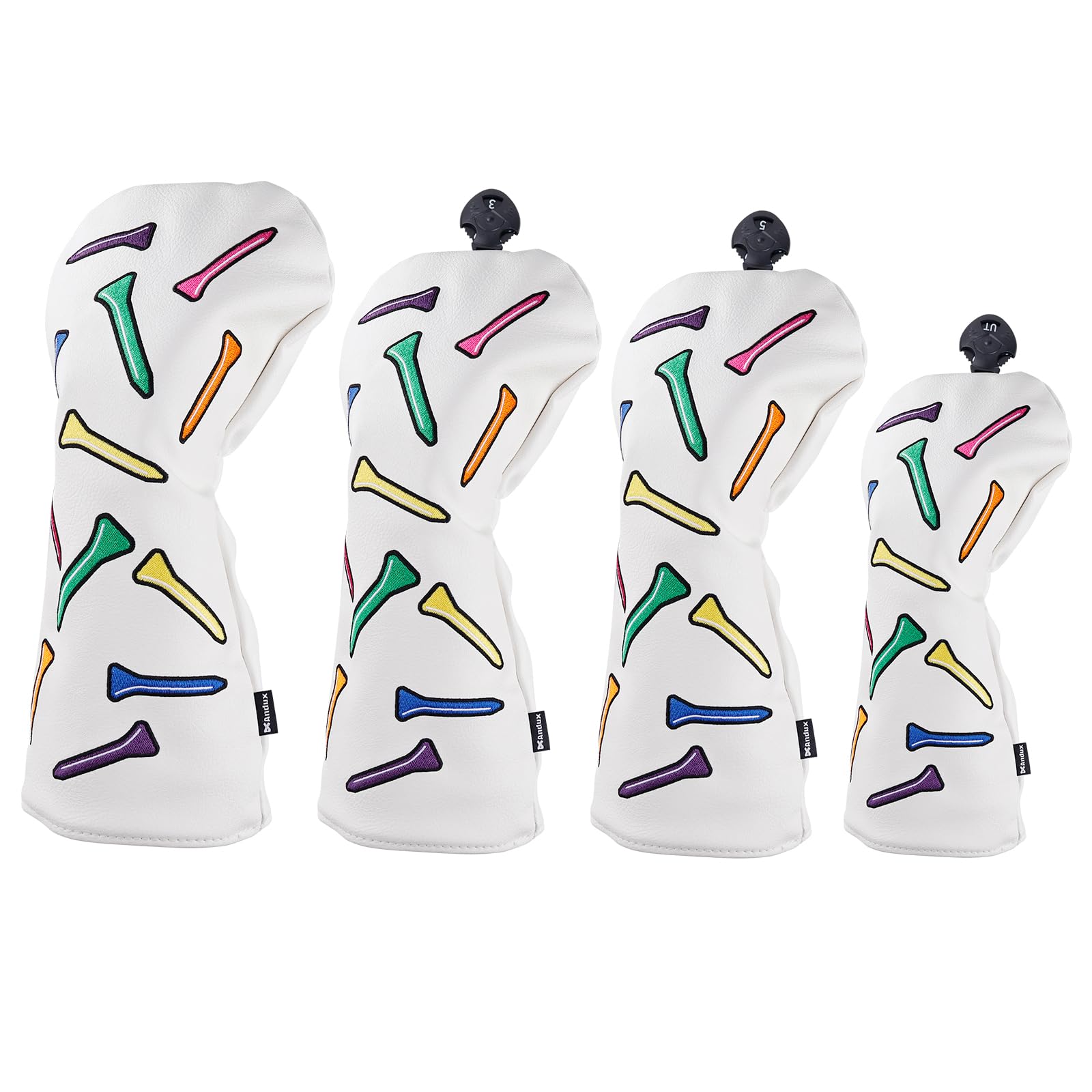 Andux 4pcs/Set Tee Pattern PU Golf Wood Club Head Covers 460cc Driver Fairway Woods Hybrids Covers White — image 1