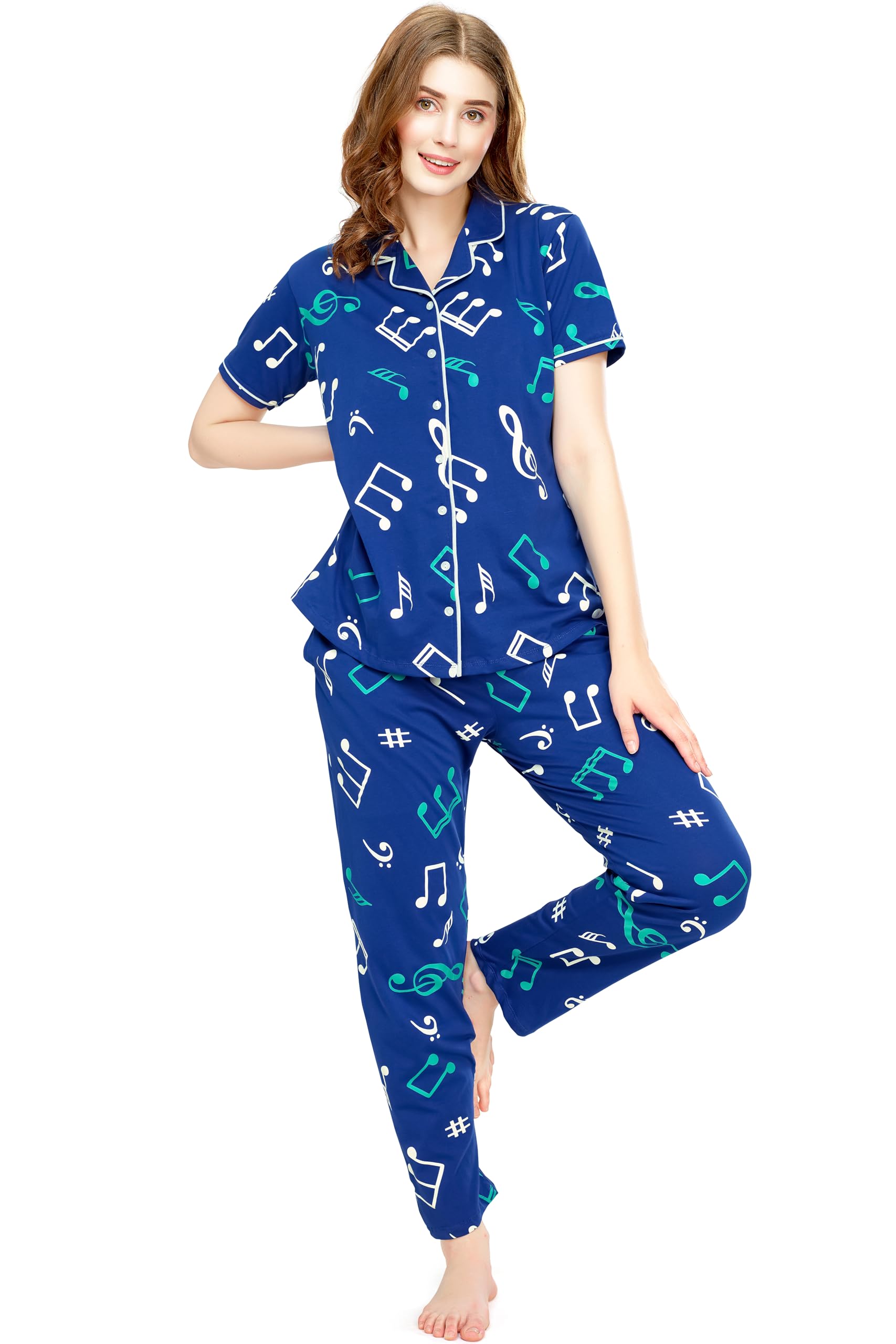 zeyo Night Suit for Women's Musical Note's Printed Cotton Night Dress of Shirt and Pajama Set 5748-picture-40