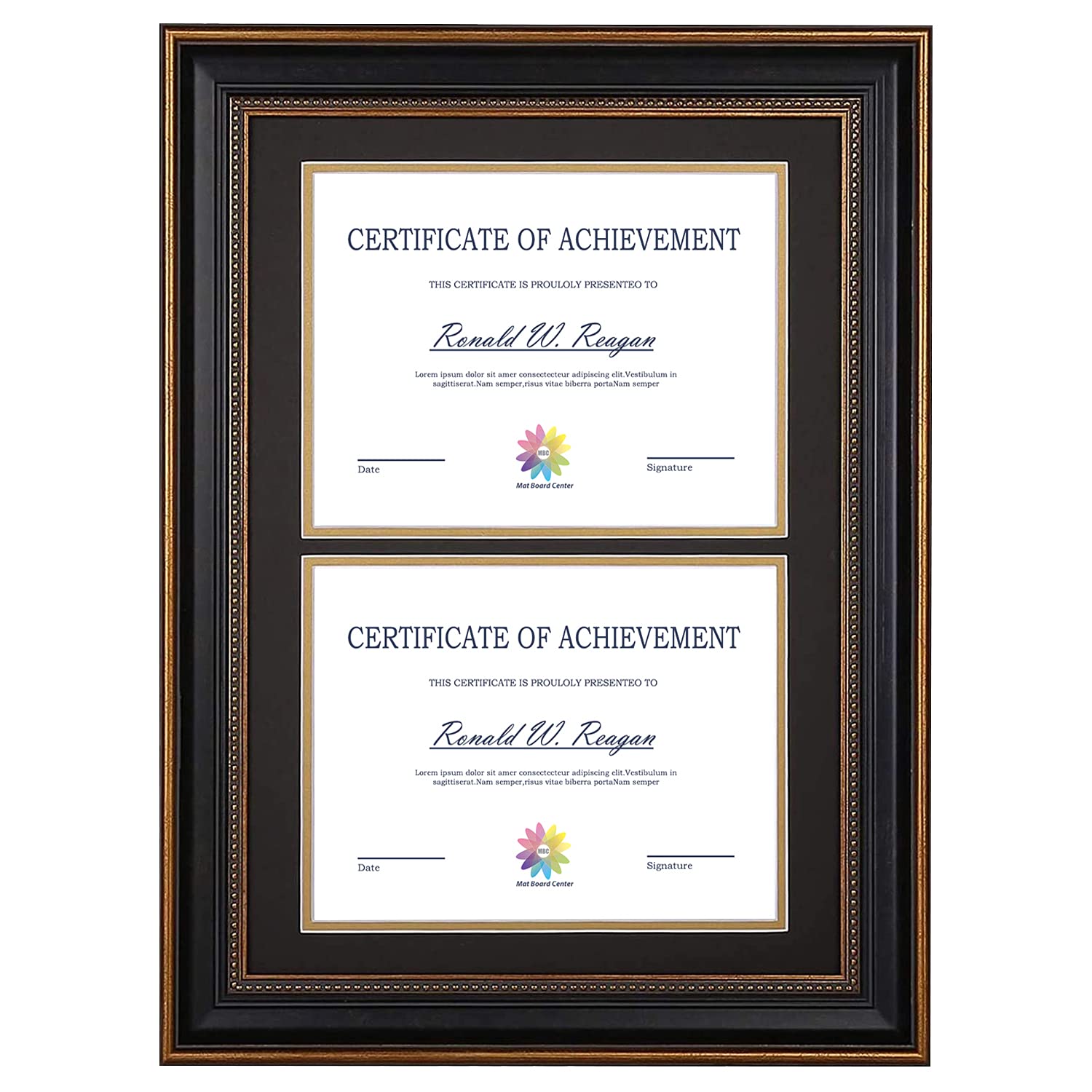 MBC MAT BOARD CENTERDouble Diploma Frames for Two(2) 8.5x11 Certificates/Documents/Degree with Black Over Gold Mat, Wall Mount Display, Tempered Glass (Vertical, 14x20, Black/Ornate Gold)
