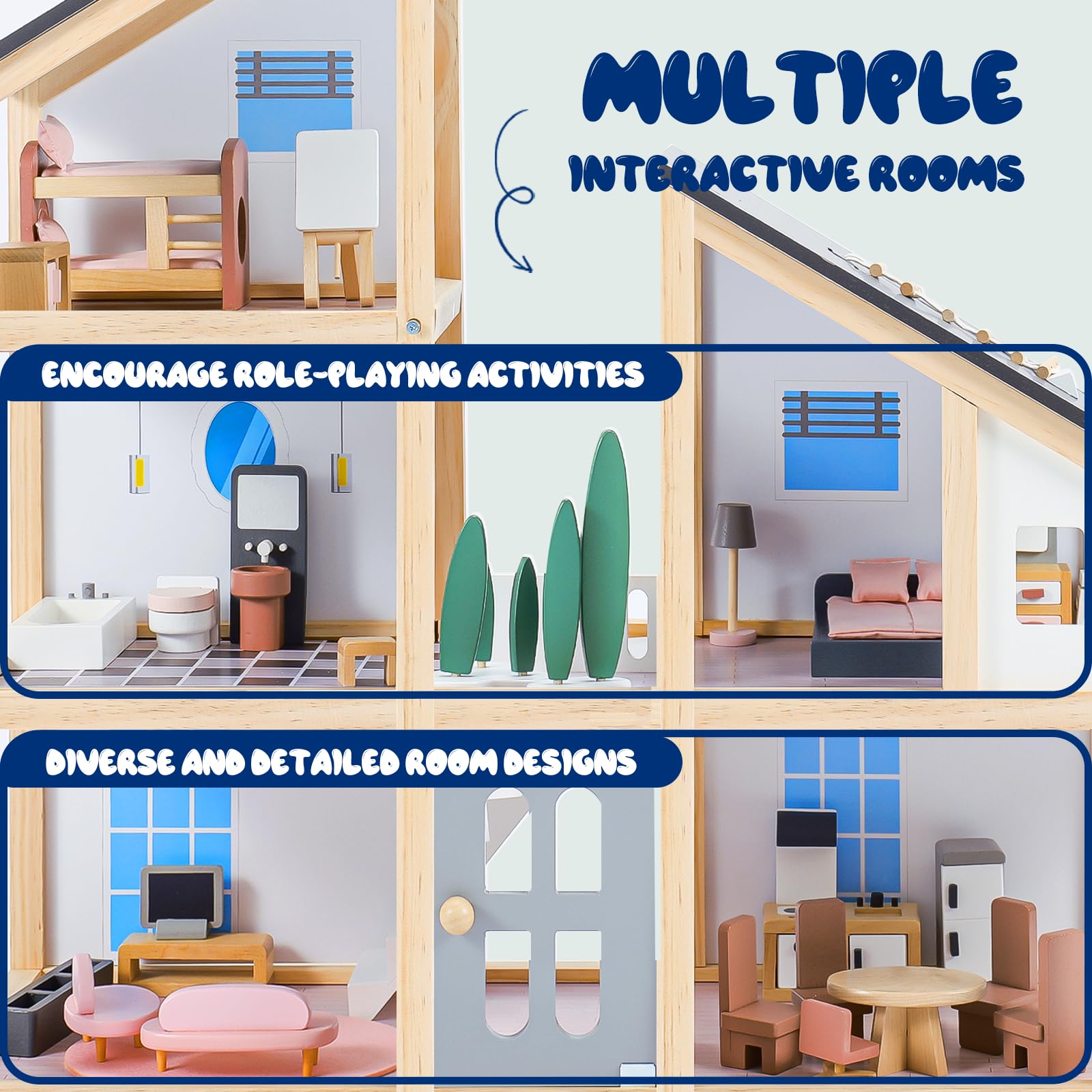 Joylike Large Wooden Doll House for Kids Ages 3+, Sturdy Modern Family Dollhouse Kit with Realistic Furniture Design, Educational Wooden Toy House for Toddlers Early Learning & Creative Play