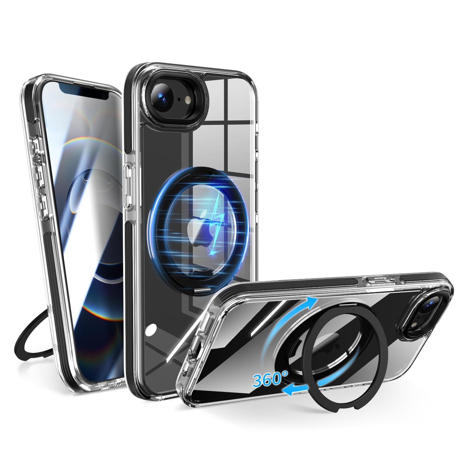 【究極の透明度・多機能360度回転スタンド】KWATUNG iPhone 17e/16e 用 ケース クリア MagSafe対応 いPhone 17e 16e 用ケース リングマグネット搭載 アイホン17e用スマホケース 横縦両立 角度調整 アイフォン 17e 16e 用カバー 米軍MIL規格 耐衝撃 高耐久性 指紋防止 透明 黄変防止 6.1インチ ブラック