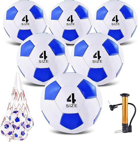 Miniatura 8 de Pelotas de fútbol clásicas desinfladas tamaño 4/5 con bomba y bolsa de malla para interior y exterior, césped, entrenamiento, práctica de 2-Azul