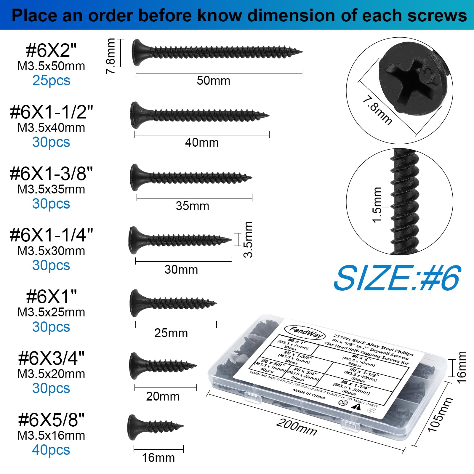 FandWay 215Pcs M3.5 (#6) Drywall Screws,Black Wood Screws,Phillips Flat Head Self Tapping Screw, Countersunk Head Self Tappers Screws Assortment Kit for Drywall Sheetrock,Wood,Furniture & Repairs - Image 3